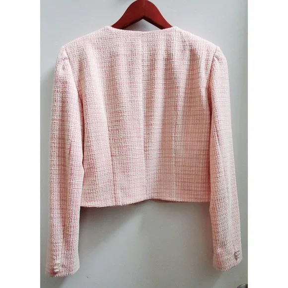 WAYF Blazer M Calling Elle Woods Boucle Check Pearl Rhinestone Button Pink/Gold - Picture 4 of 11
